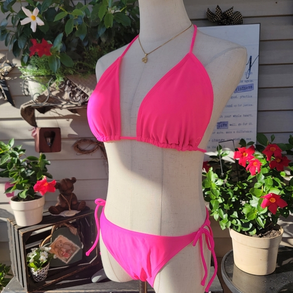 O P ♡ Gorgeous 2pc Bright Pink Padded Bralette String Bikini Swimsuit L | XL - Picture 9 of 11